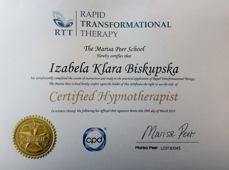 Rapid Transformational Therapy Certificate from The Marisa Peer School - Certified Hypnotherapist